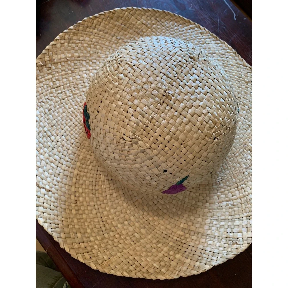 Vintage Fruit Embroidered 100% Straw Sun Hat Tan Wide Brim Beach
